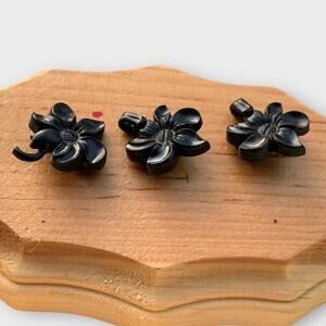 Vintage Black Carved Flower Buttons – Set Lot of 3 Shank Style, Floral Read
